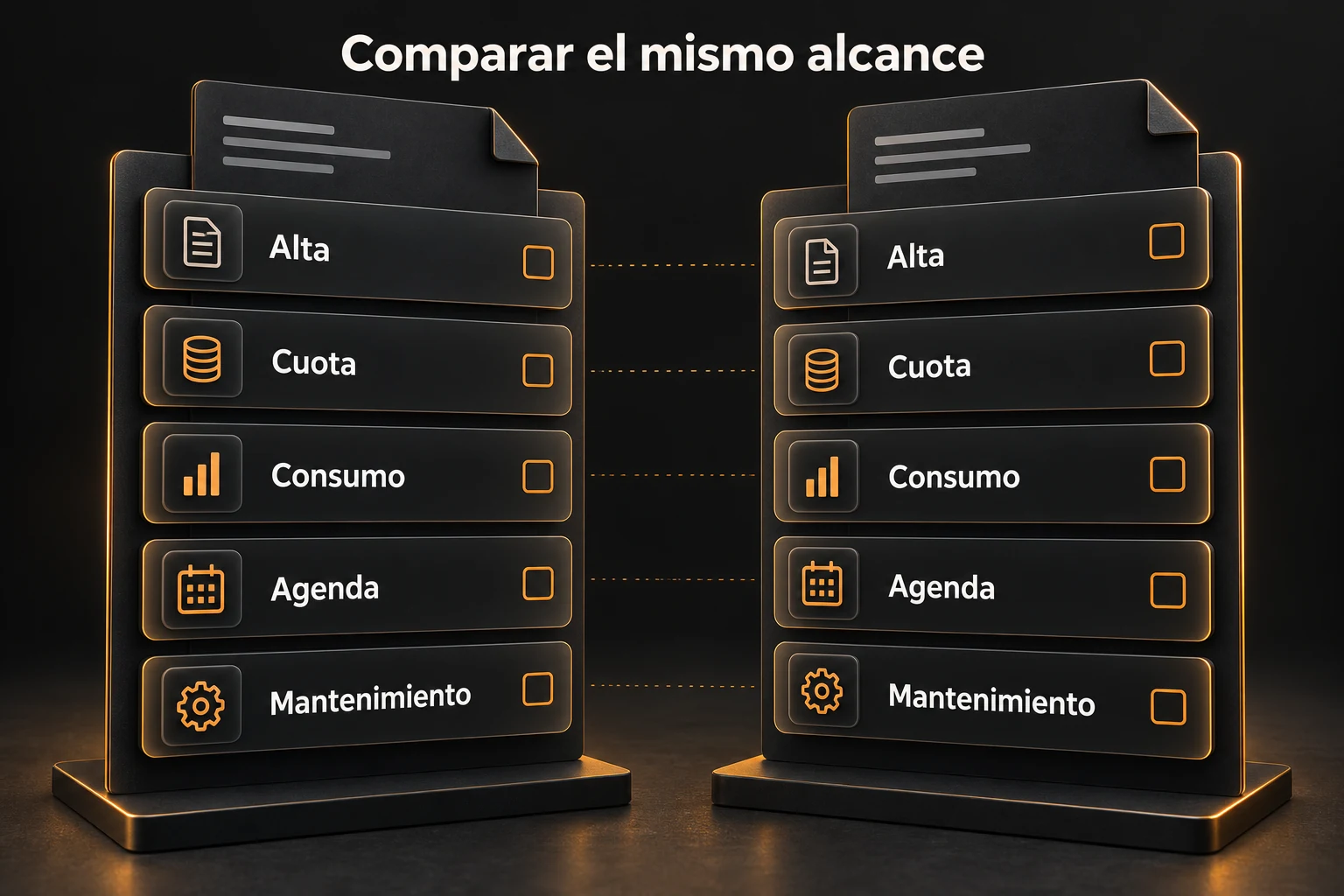 Dos propuestas comparadas por alta, cuota, consumo, agenda y mantenimiento.